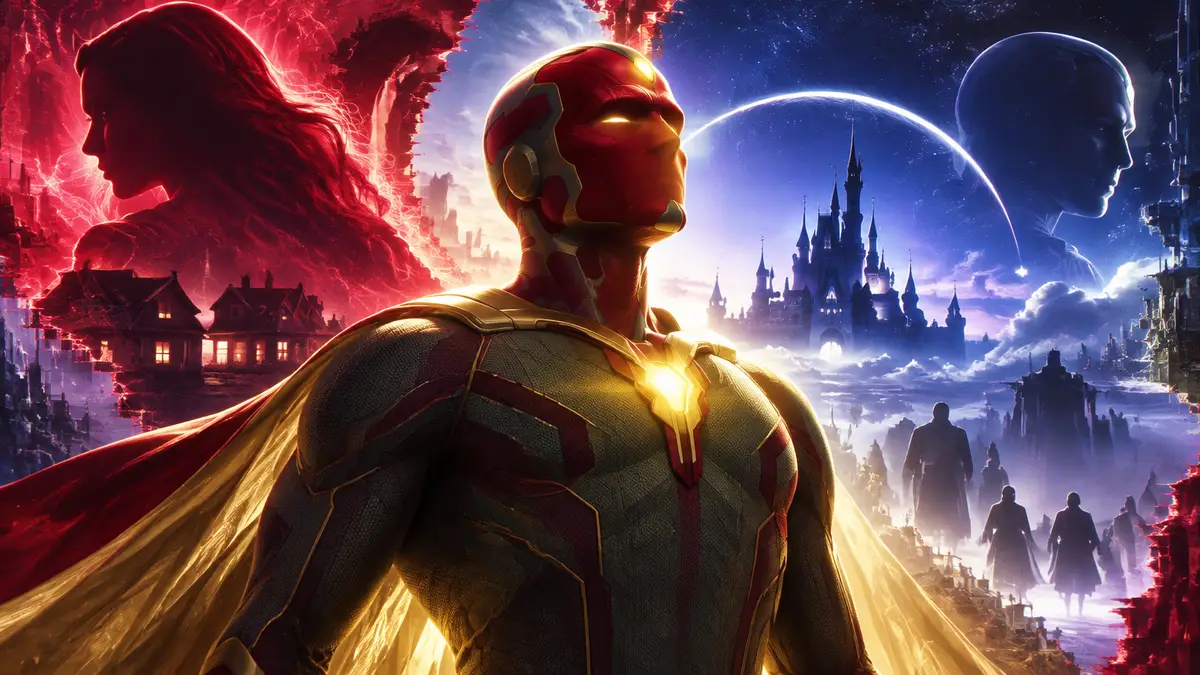 Вижен в исполнении Пола Беттани в центре постера VisionQuest, яркие цвета Marvel и логотип Disney+
