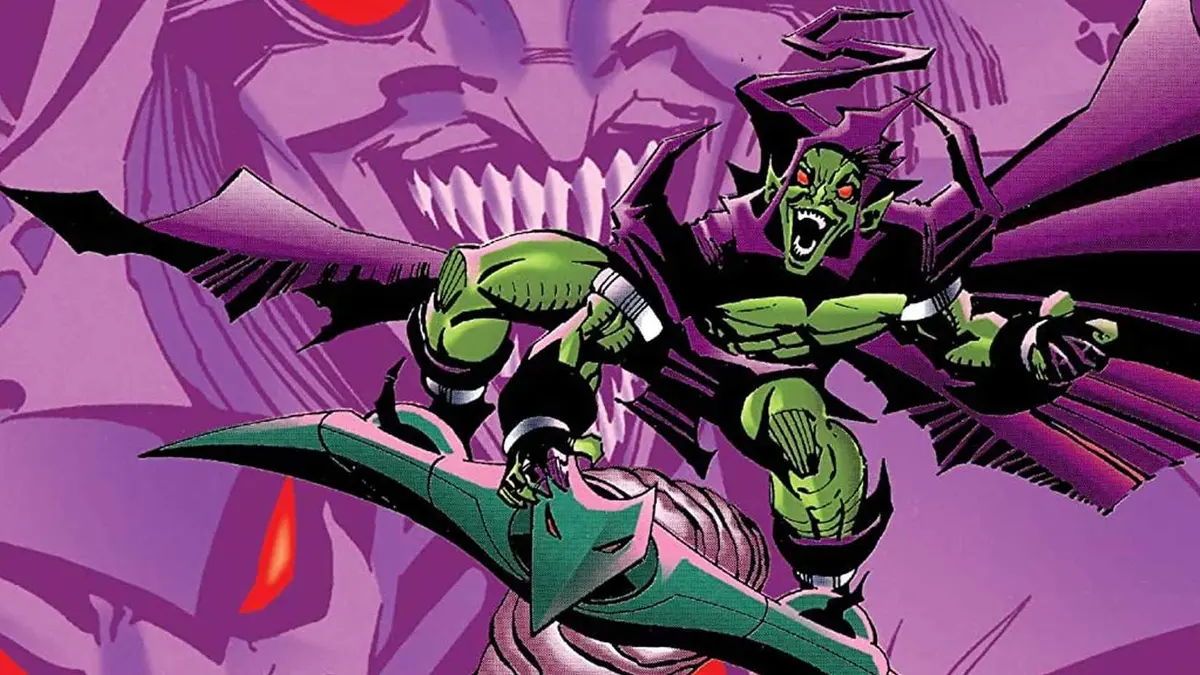 Phil Urich as the heroic Green Goblin with images of the evil Goblins in the background