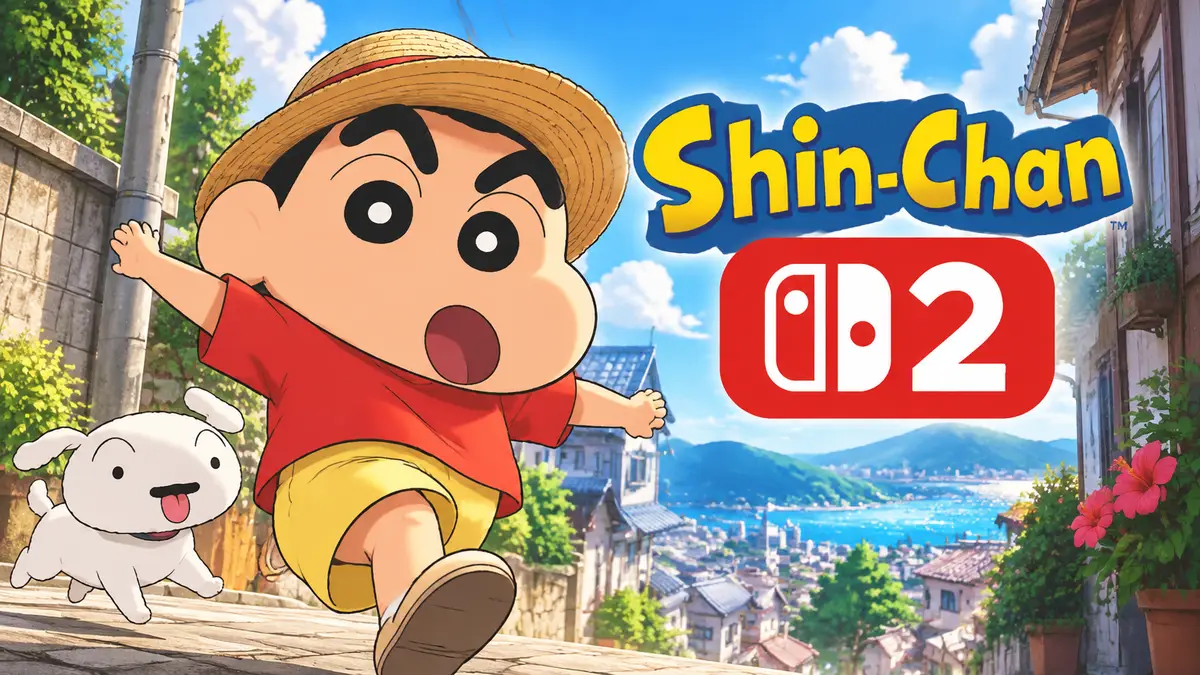 Шин-тян в летней одежде на фоне солнечного японского городка и логотипа Shin-Chan для Switch 2