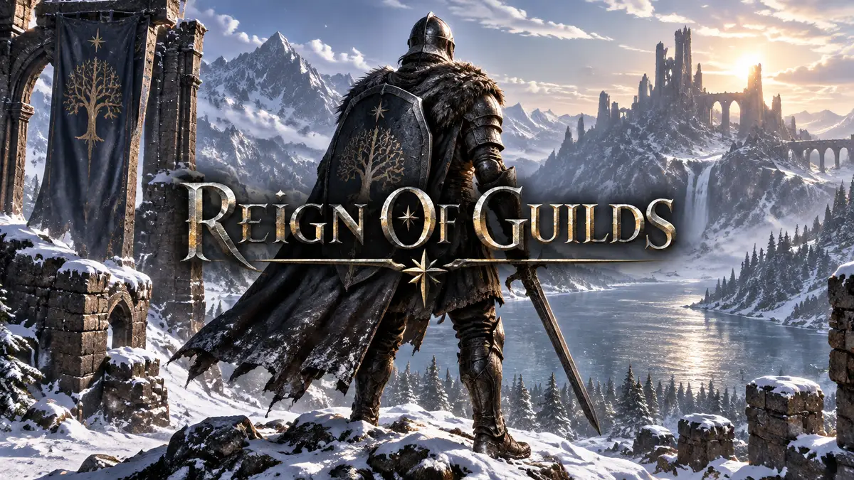 Воин в доспехах на заснеженных руинах у горного озера, фэнтези-постер RPG Reign Of Guilds