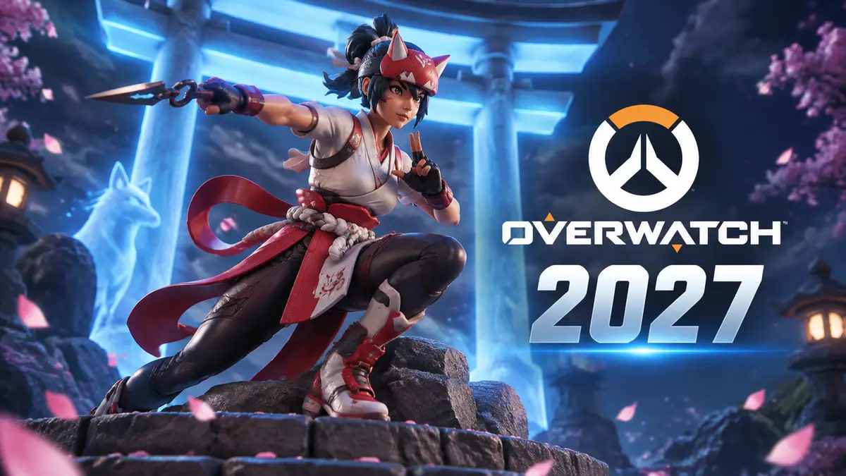 Коллекционная статуя Кирико из Overwatch с кунаем на каменных ступенях у светящихся синим тории