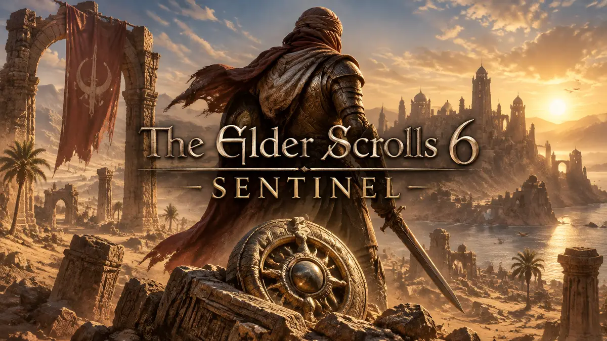 Постер The Elder Scrolls 6: Sentinel — воин в доспехах среди пустынных руин Hammerfell и древний артефакт