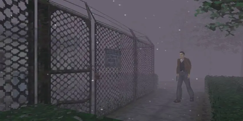 Harry Mason approaching a gate in the fog, Silent Hill