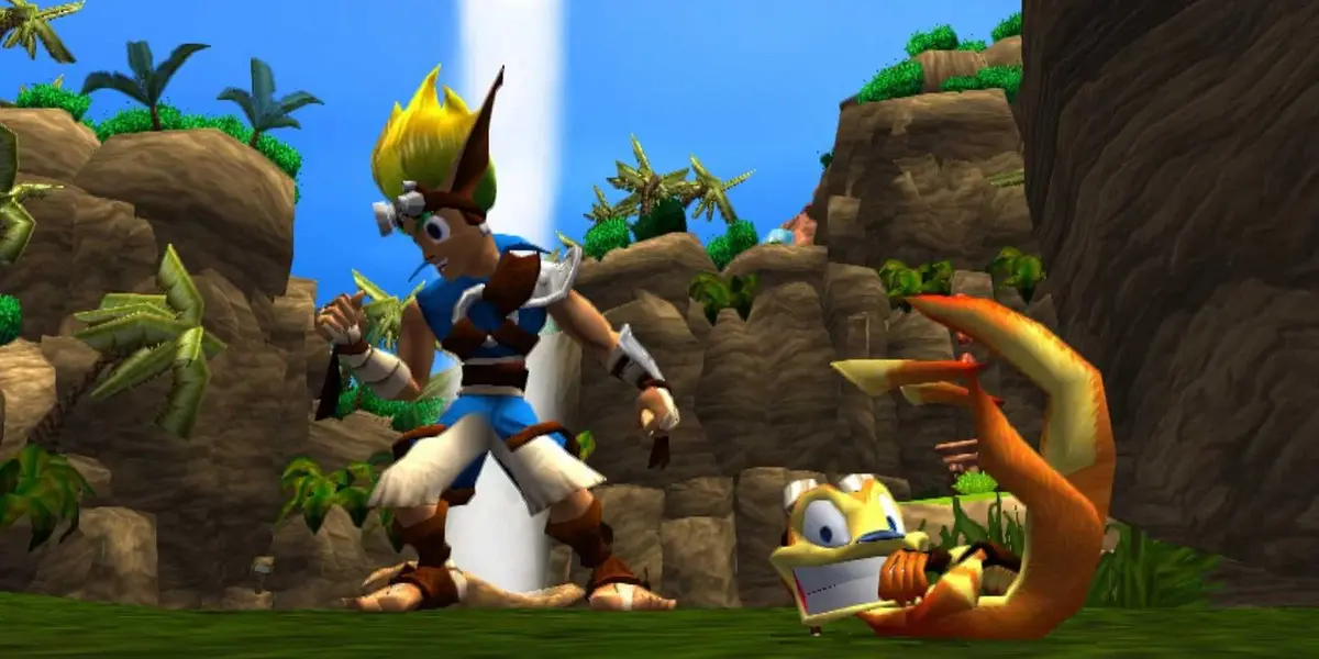 Jak and Daxter doing a victory dance in Jak & Daxter: The Precursor Legacy