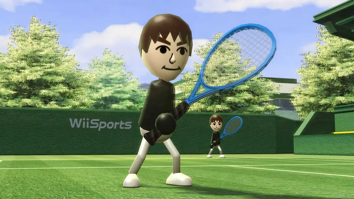 A Wii Sports screenshot showing two Miis playing tennis