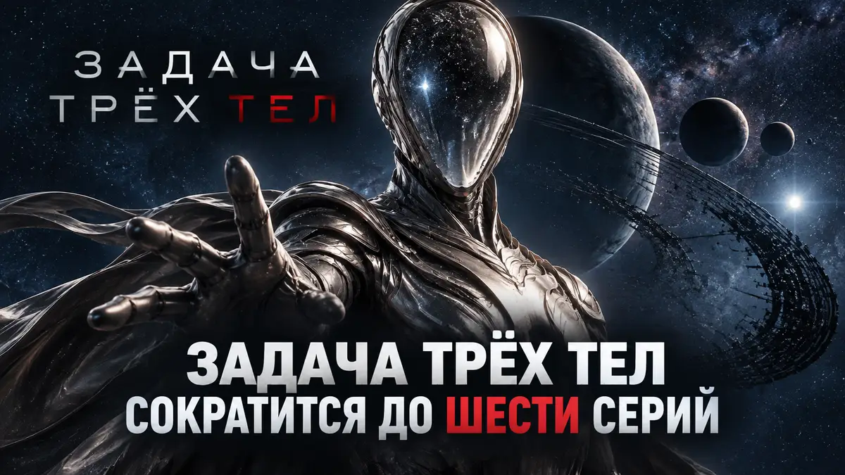 Софон в серебристых доспехах на фоне звёздного неба и логотипа сериала «Задача трёх тел» Netflix