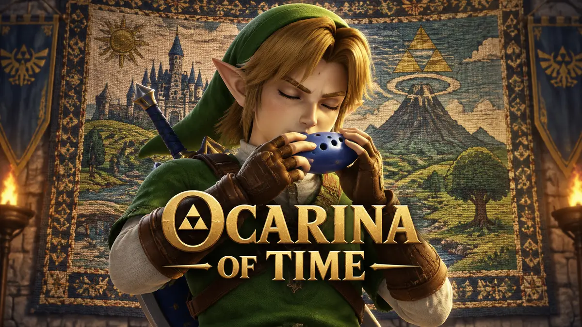 Link с окариной на фоне тканого гобелена Threads of Time в стиле ремейка The Legend of Zelda: Ocarina of Time