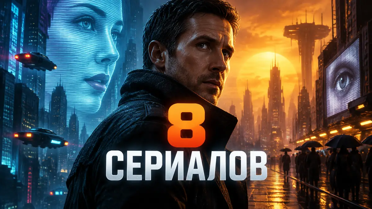 Постер научно-фантастического сериала по мотивам книг Филипа Дика в стиле киберпанк