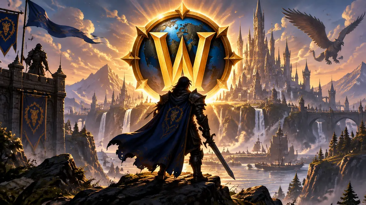 Ключевой арт World of Warcraft: Forever: герой Азерота на фоне замка и сияющего логотипа WoW Forever