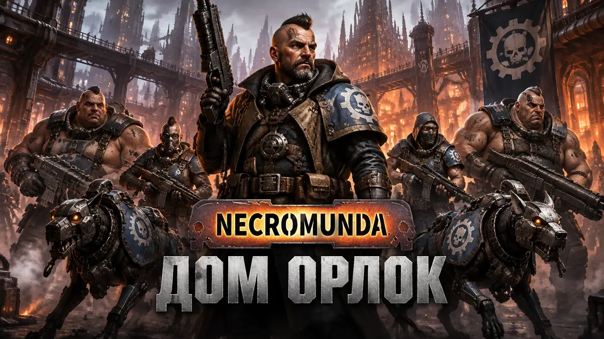 Банда дома Орлок из Warhammer: Necromunda с кибермастифами и огринами на фоне индустриального улья