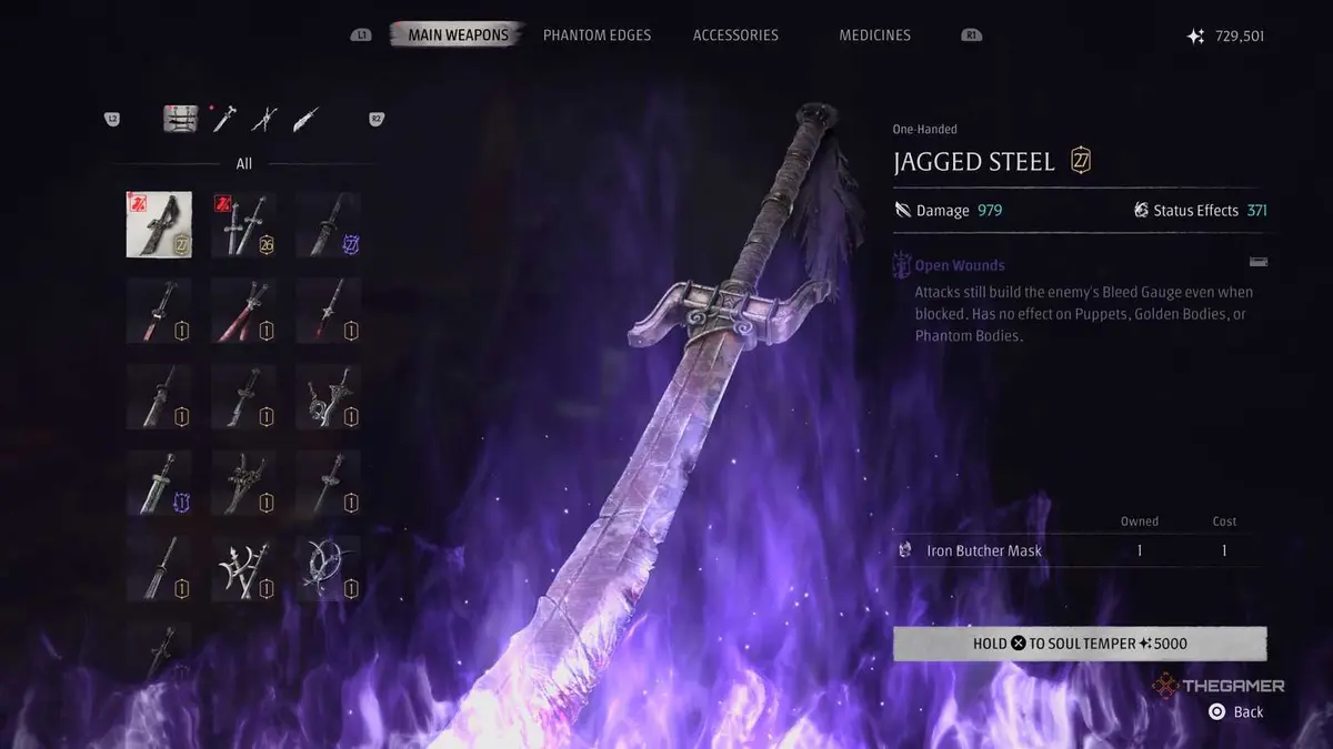 Jagged Steel weapon screen from phantom blade zero.