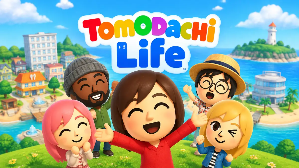 Забавные фигурки персонажей Mii позируют на ярком фоне в стиле игры Tomodachi Life