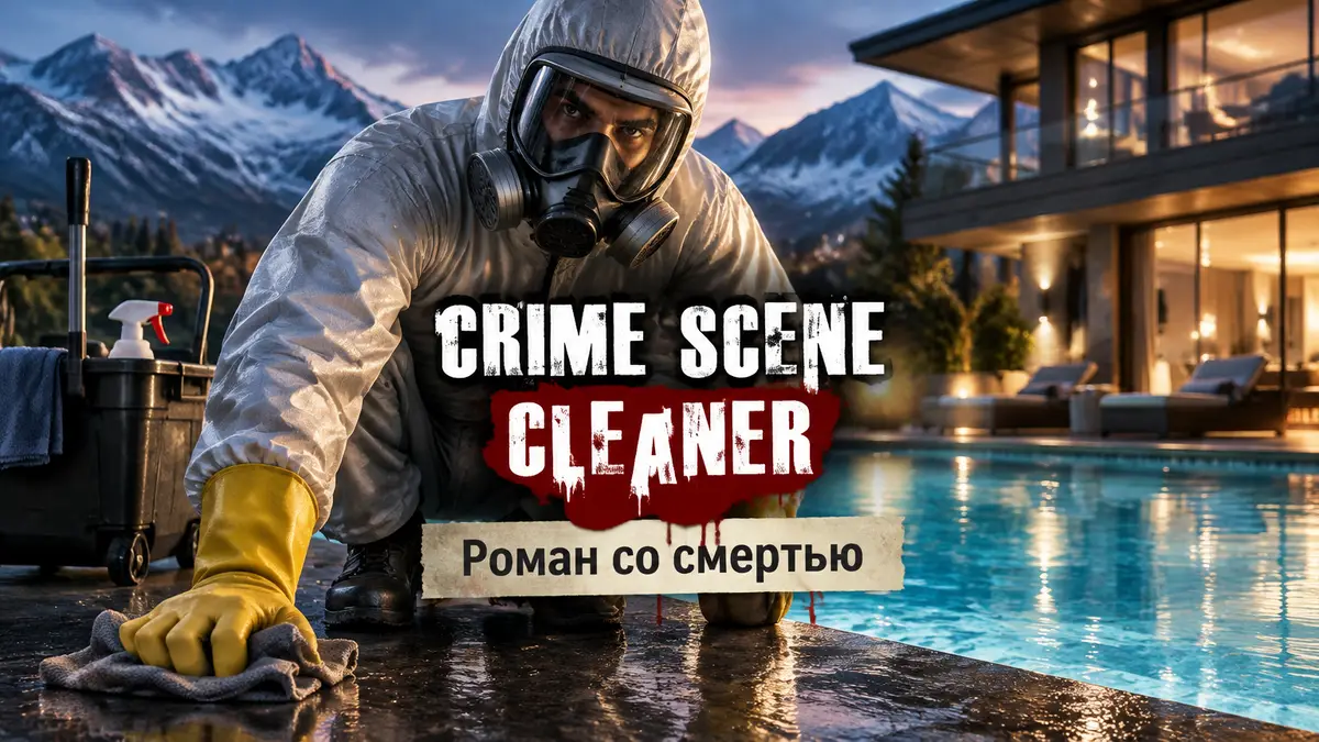 Уборщик в защитном костюме у бассейна роскошной горной виллы, постер Crime Scene Cleaner Роман со смертью
