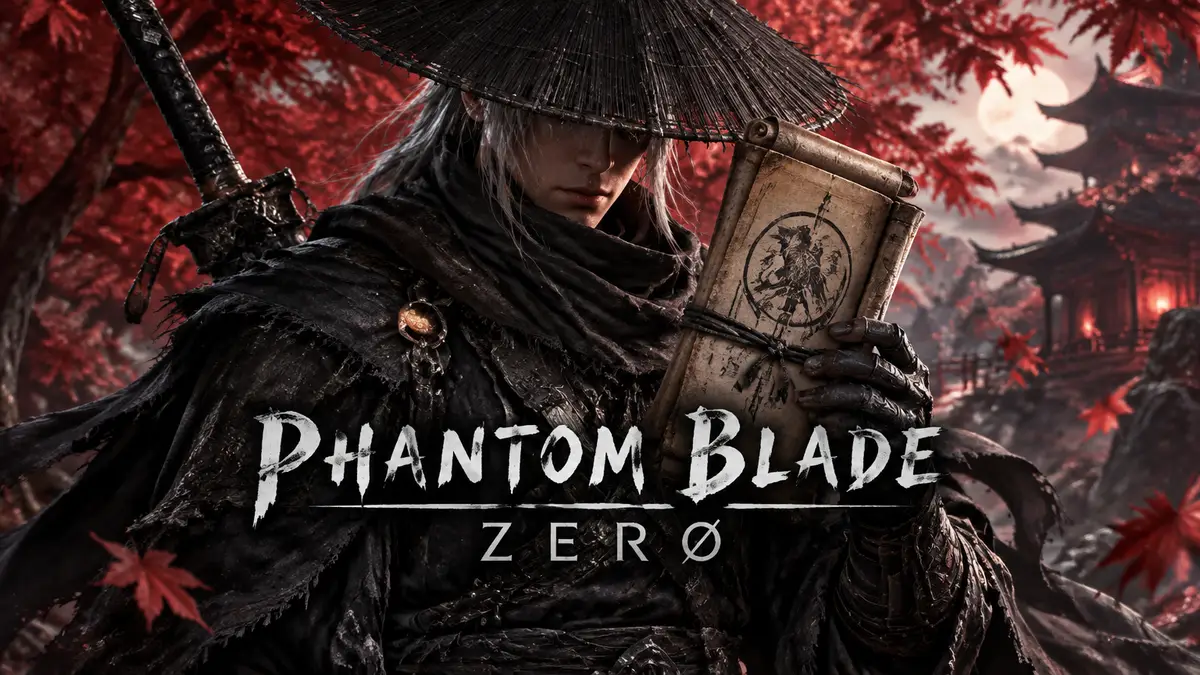 Воин Soul с клинком держит старый свиток Thief's Manual на фоне алого леса, стиль Phantom Blade Zero