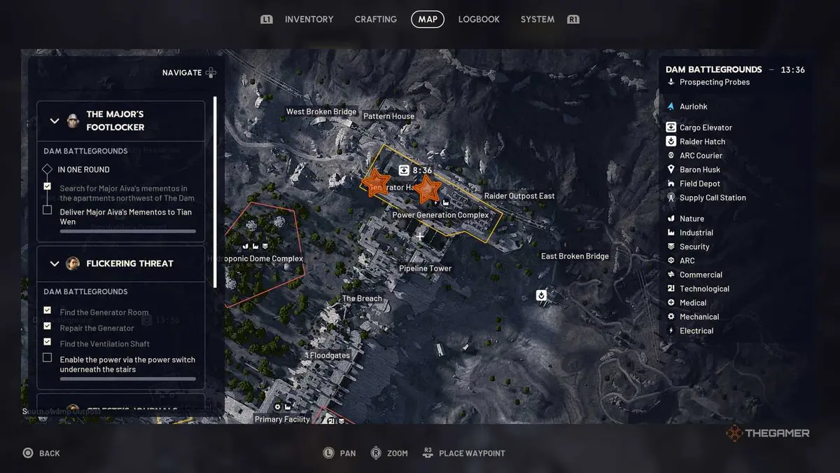 Close up of the northern Dam Battlegrounds map with two orange stars edited onto the Generator and Ventilation Shaft locations in Arc Raiders.