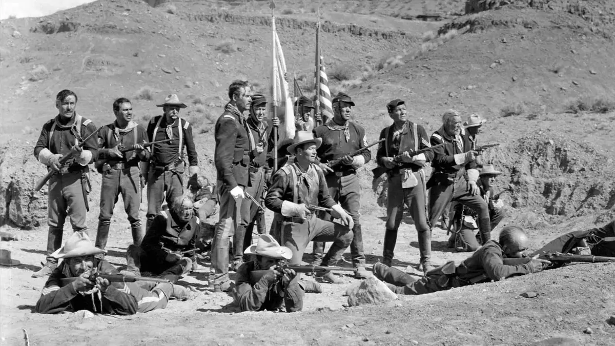 The U.S. cavalry all gather around in Fort Apache.
