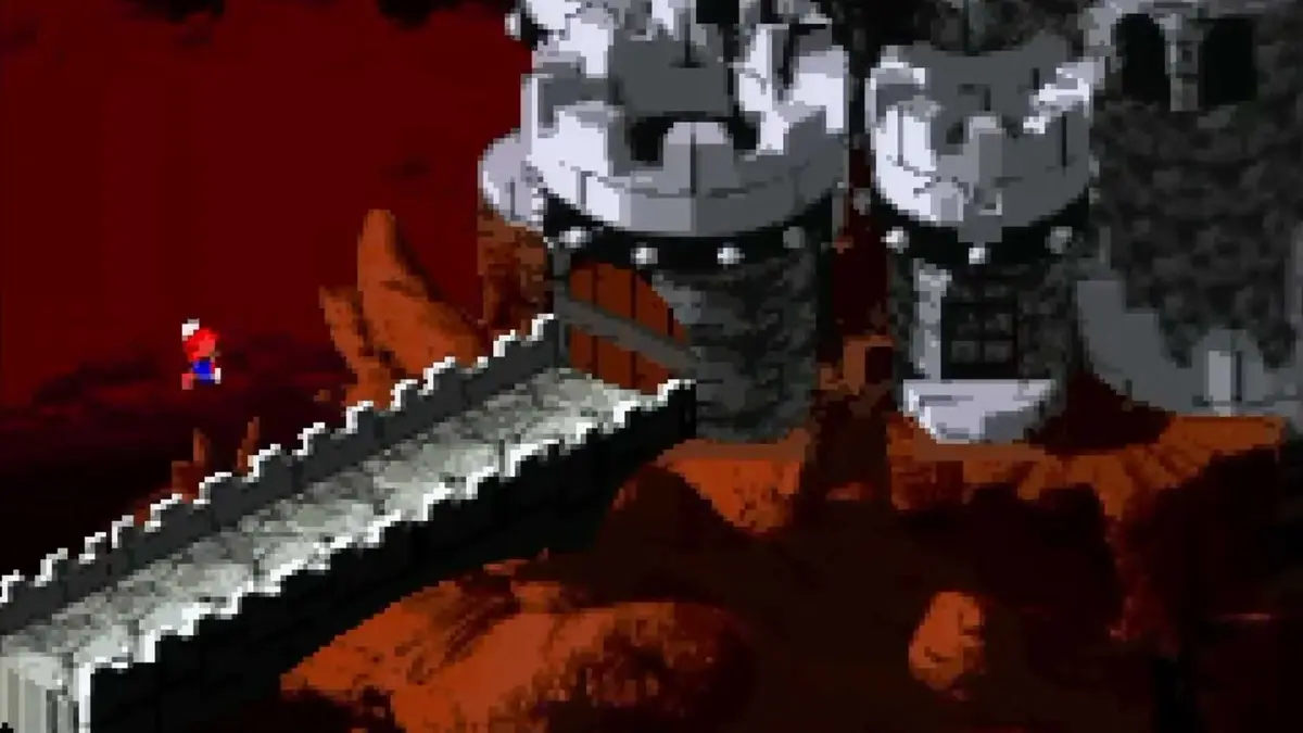Mario heading into the castle in Super Mario RPG for the SNES