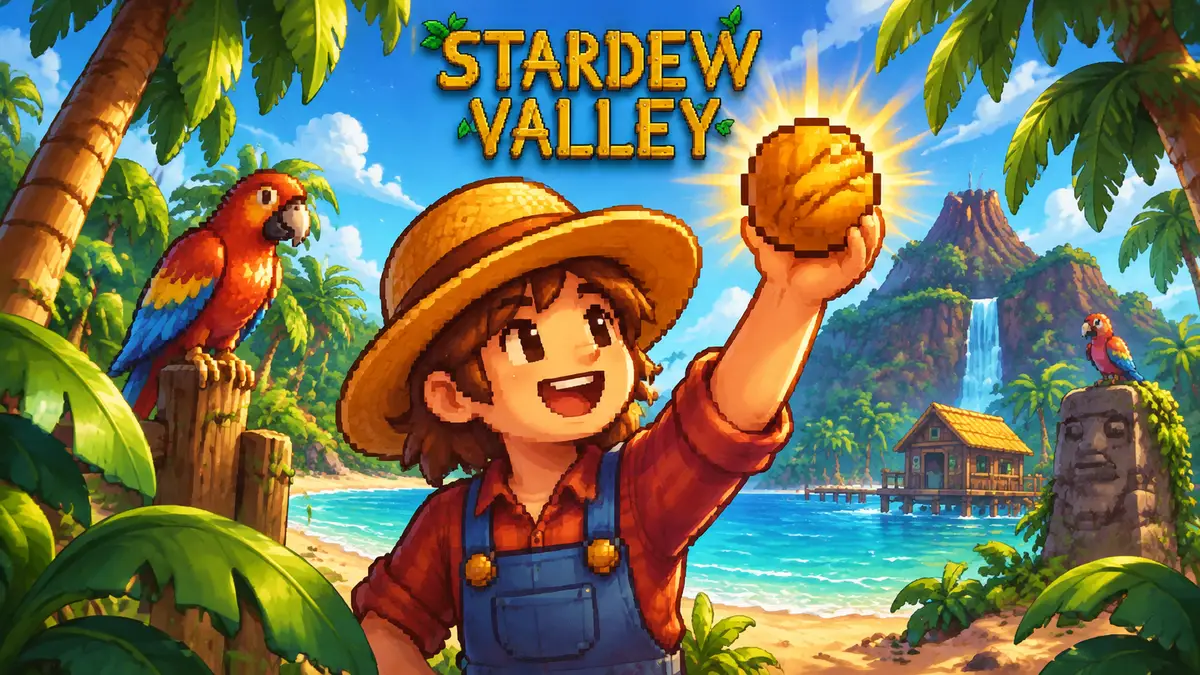Фермер из Stardew Valley держит золотой грецкий орех на пляже Ginger Island среди пальм и попугаев