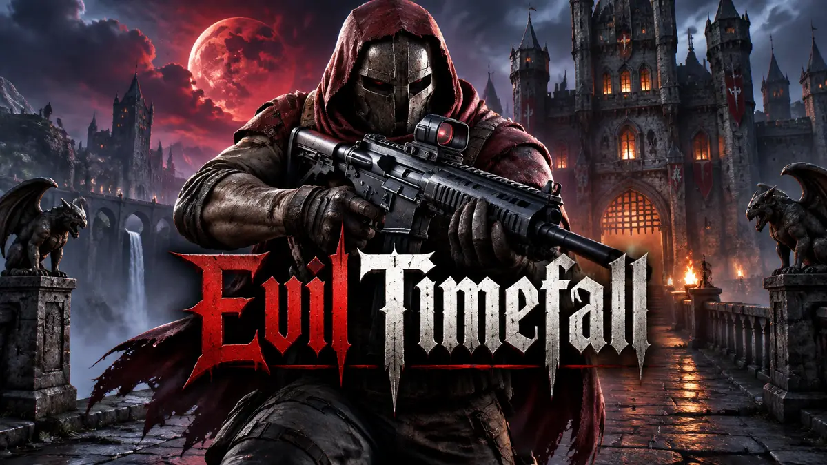Герой шутера Evil Timefall с современным оружием на фоне средневекового замка