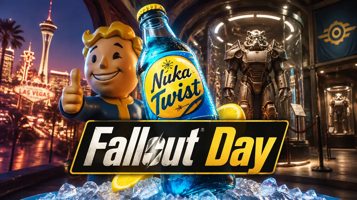 Бутылка Nuka Twist на фоне неоновой вывески Fallout и выставочного зала с силовой бронёй в Лас-Вегасе