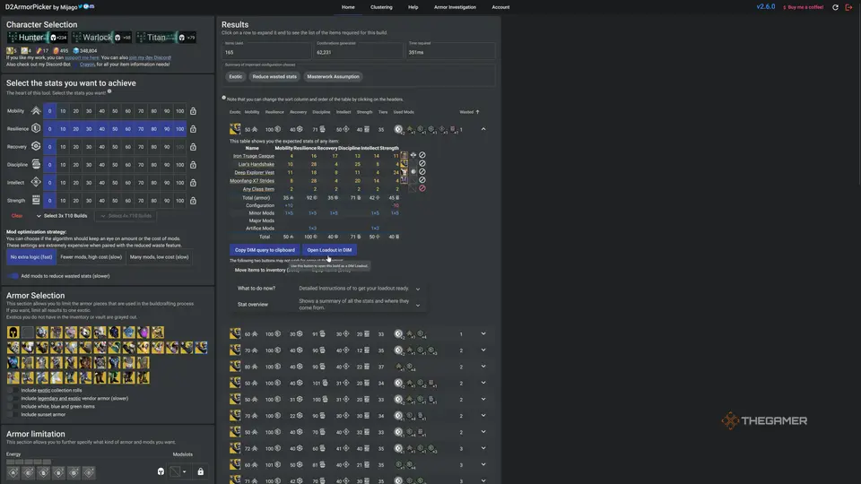 Destiny 2 D2ArmorPicker Website Selecting Loadout