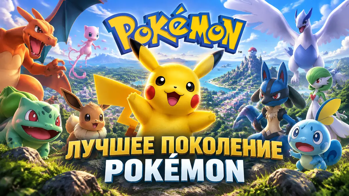 Пикачу в центре на фоне холмов Kanto, вокруг покемоны разных поколений и логотип Pokémon