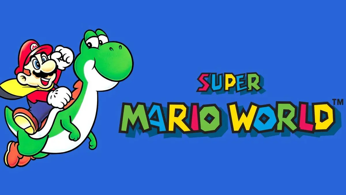 Super Mario World image showing Mario sitting on Yoshi as he raises his hand excitedly while they fly