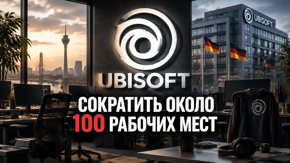 Логотип Ubisoft на фоне офисного здания студии в Германии, пустые рабочие места разработчиков