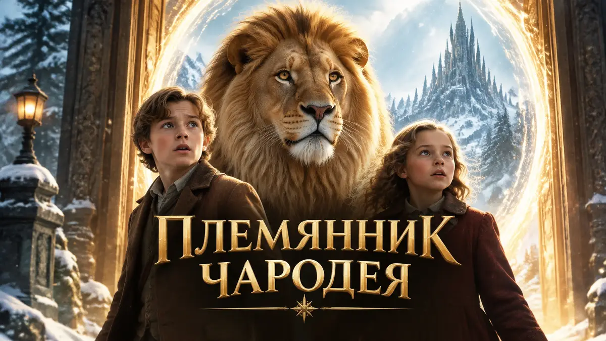 Лев Аслан и дети Дигори и Полли перед сияющим порталом в Нарнию, постер фильма «Племянник чародея»