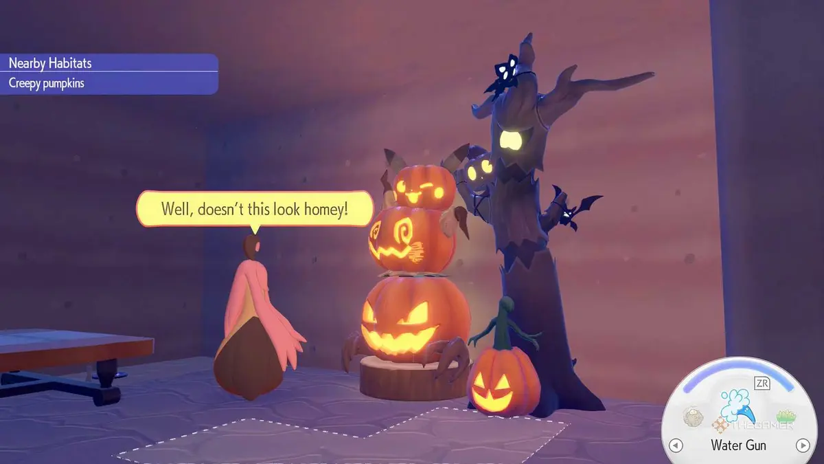 Gourgeist standing near a lantern habitat in Pokemon Pokopia.