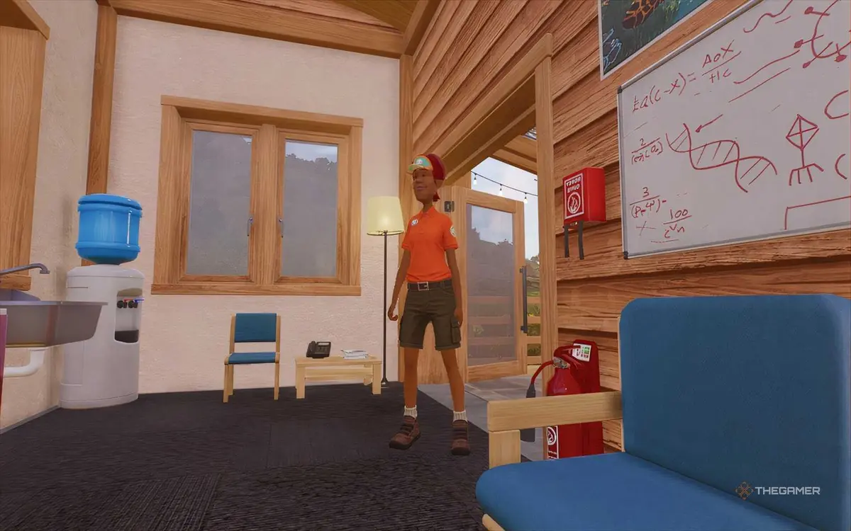 Vendor employee standing in an employee lounge in Planet Zoo 2