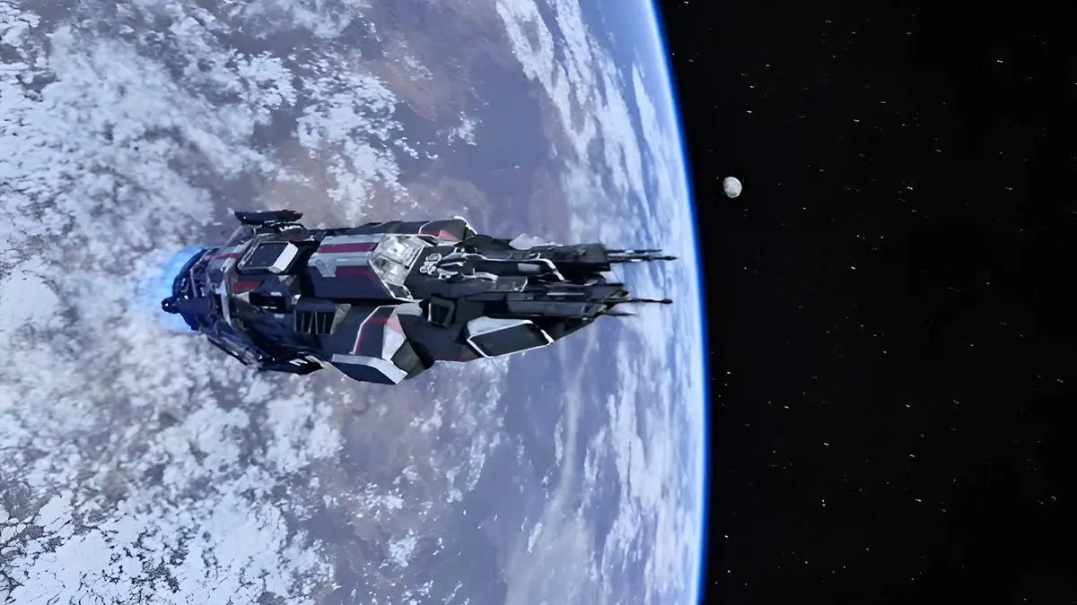 A spaceship with Earth in the background, floating through space in The Expanse