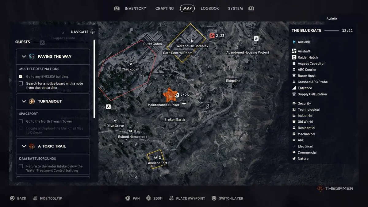 Close up of The Blue Gate map with an orange star edited onto the Enelica Building in Arc Raiders.