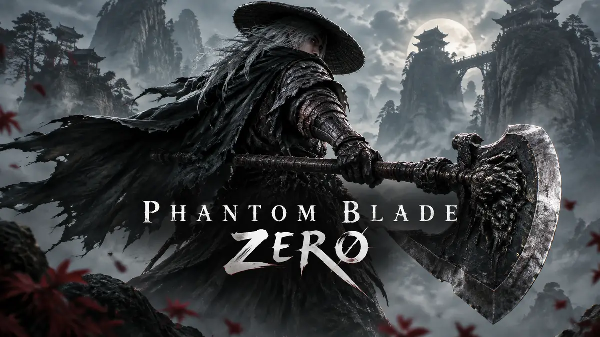 Воин с огромным боевым топором в туманной горной долине, key art в стиле Phantom Blade Zero