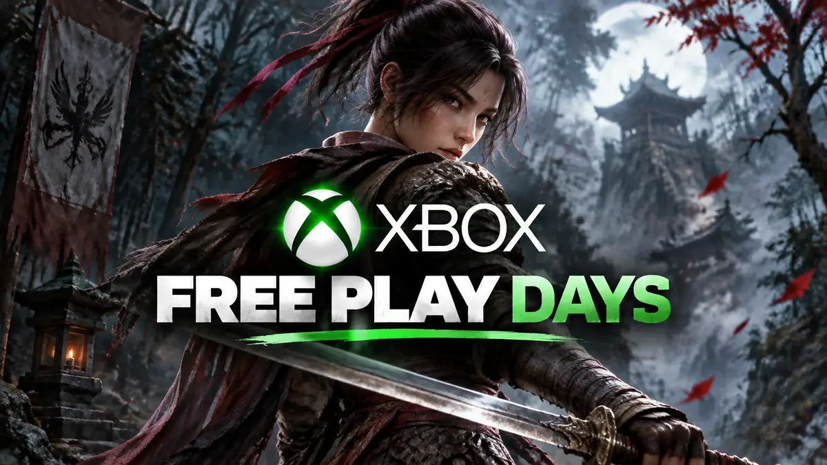 Воин в доспехах эпохи Мин из WUCHANG: Fallen Feathers в туманном лесу, логотип Xbox Free Play Days