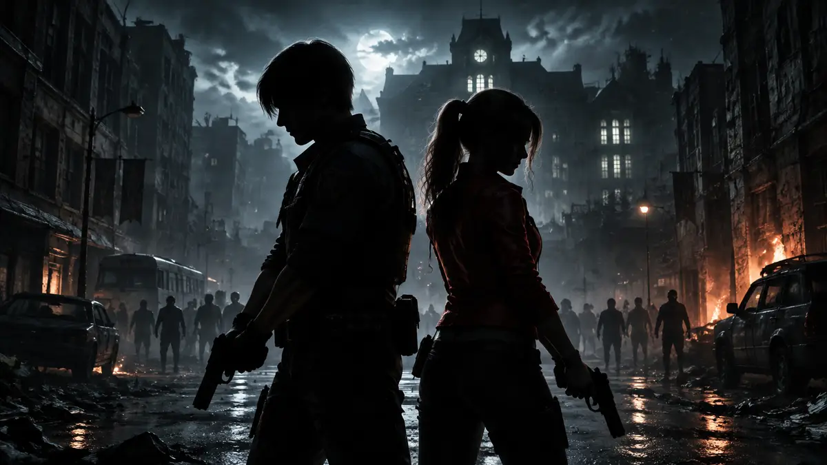 Клэр Редфилд и Леон Кеннеди из вселенной Resident Evil на фоне мрачного города