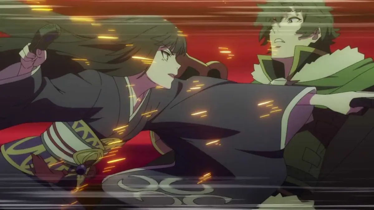 Rising of the Shield Hero's Naofumi looking focused as he just narrowly dodges Glass' attack
