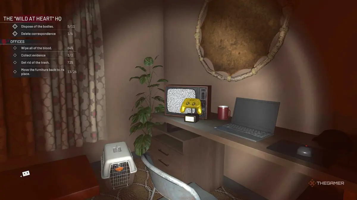 Crime Scene Cleaner golden controller and music CD icon in an office.