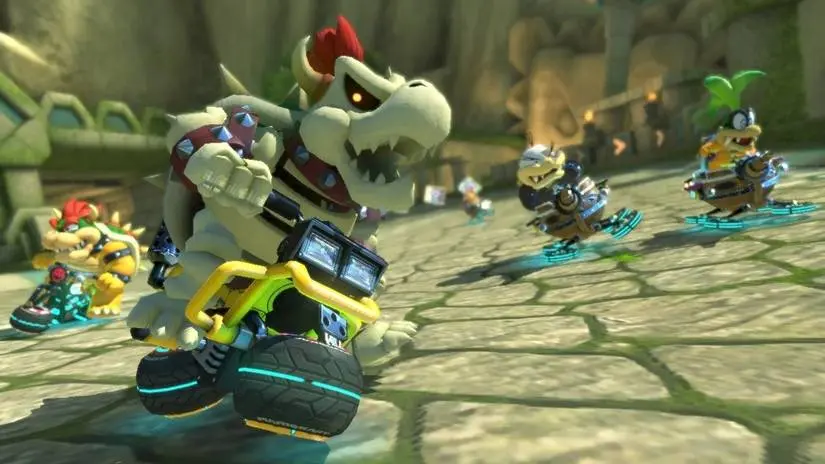 Dry Bowser racing against other Mario characters in Mario Kart 8