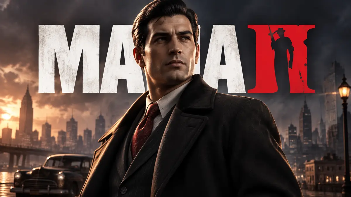 Вито Скалетта в классическом костюме и пальто на фоне логотипа игры Mafia 2
