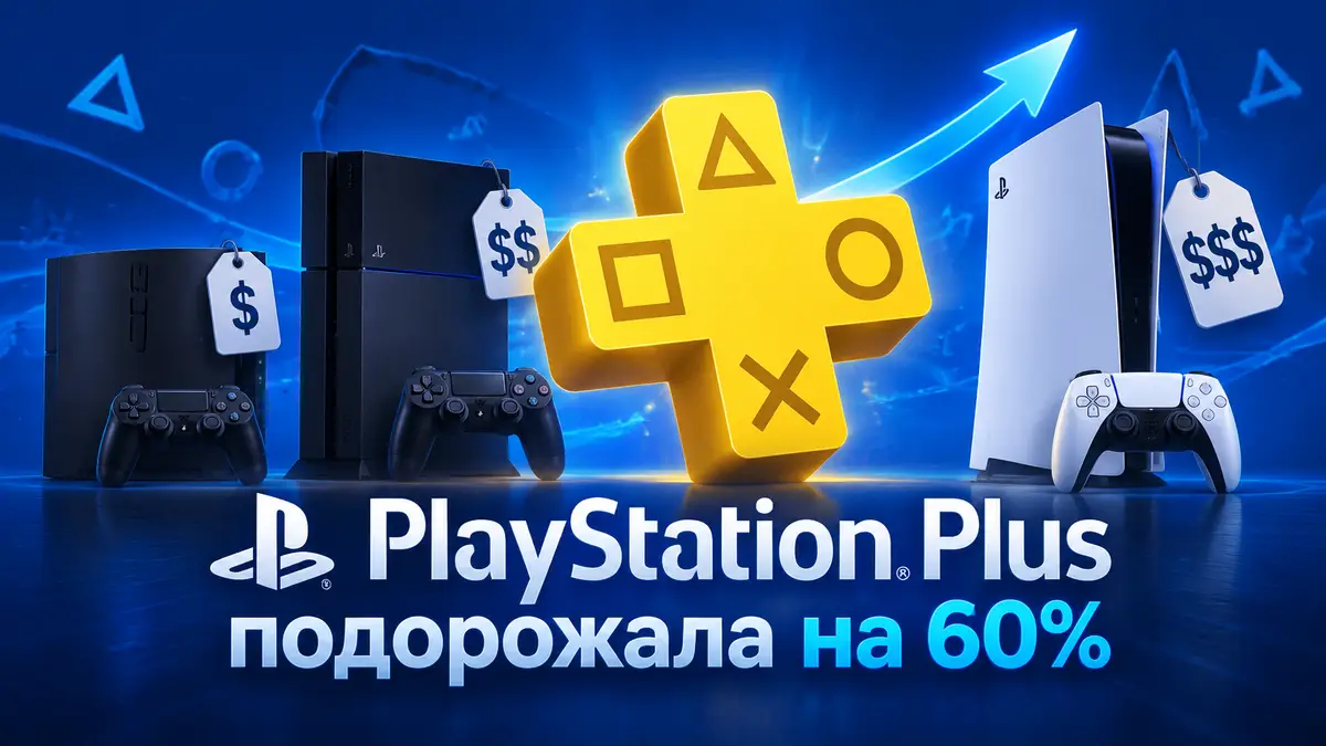 Логотип PlayStation Plus на фоне консолей PS3, PS4 и PS5 с растущими ценниками в синем стиле Sony