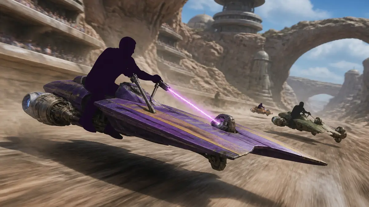Гонщик управляет скоростным Skim Speeder на трассе Star Wars Galactic Racer