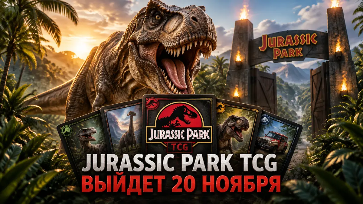 Тираннозавр рычит над веером карт Jurassic Park TCG на фоне джунглей и ворот парка юрского периода