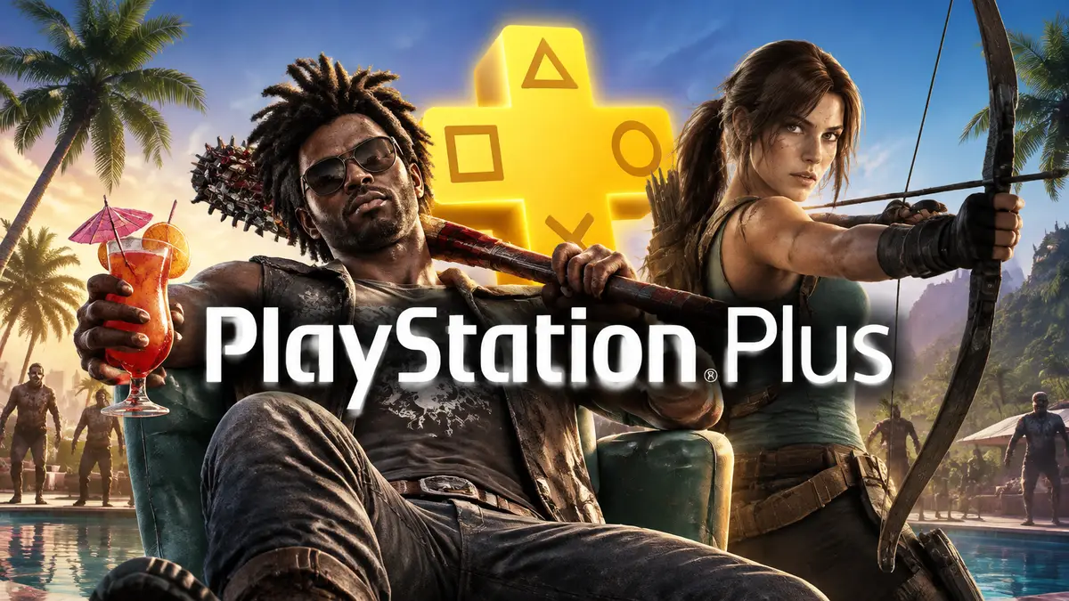 Выживший из Dead Island 2 и Лара Крофт на фоне надписи PlayStation Plus