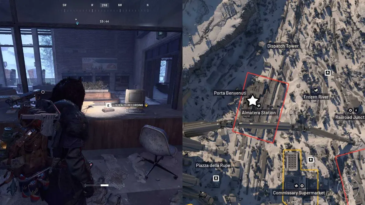 The left-hand side of the image shows the player in Arc Raiders standing in front of the nomad recording while the right-hand side shows the location marked on the in-game map with a star.