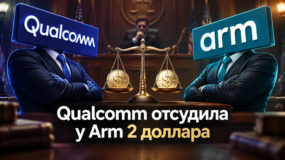 Логотипы Qualcomm и Arm друг напротив друга в зале суда, между ними две долларовые монеты на весах