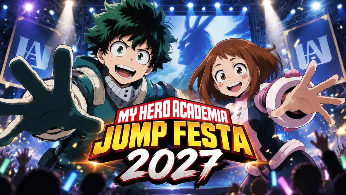 Изуку Мидория и Отяко Урарака из аниме «Моя геройская академия» на сцене Jump Festa в софитах