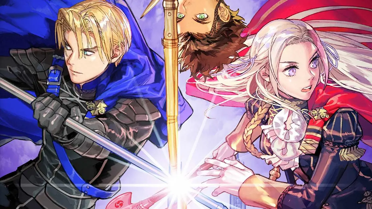 The Fire Emblem Three Houses cover, showing Edelgard, Claude, and Dimitri together, their weapons clashing against one another