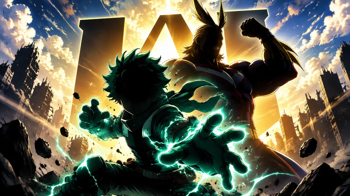 Идзуку Мидория и Всемогущий в боевых позах на фоне логотипа My Hero Academia