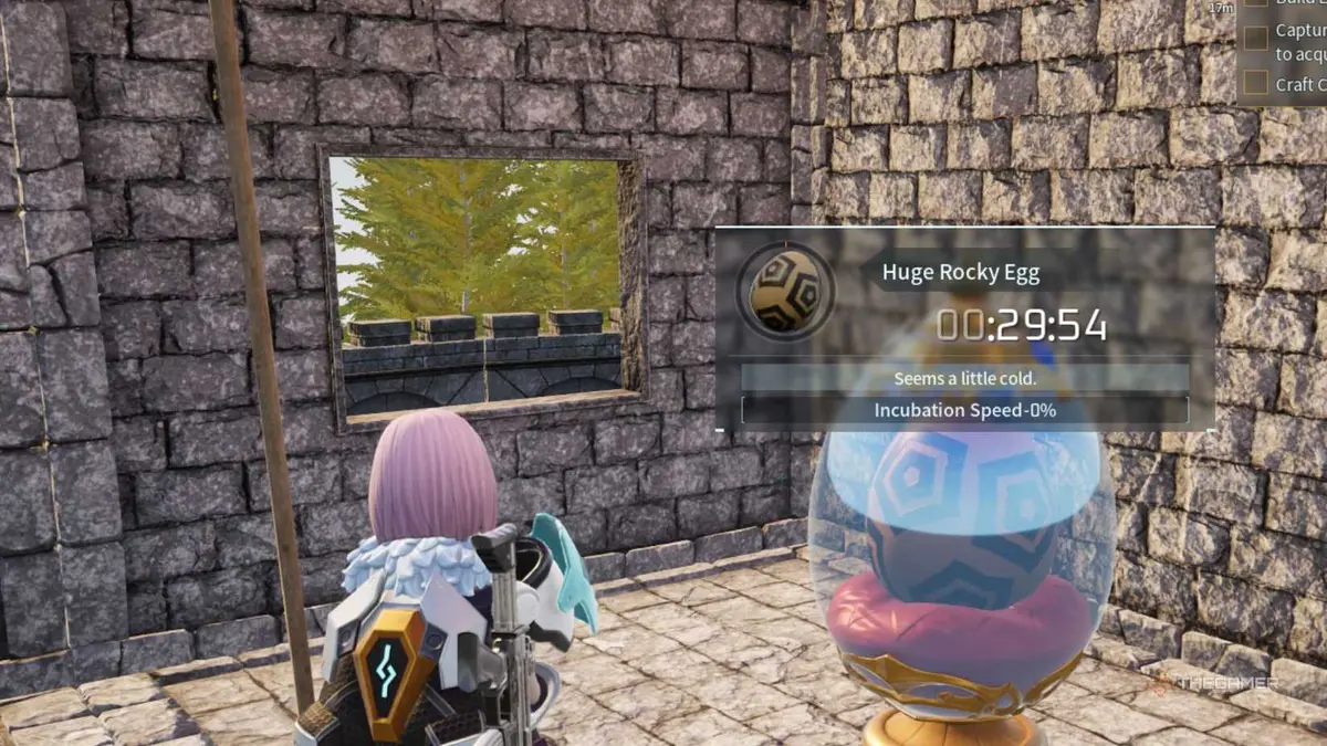 A Huge Rocky Egg is inside an Egg Incubator in Palworld.